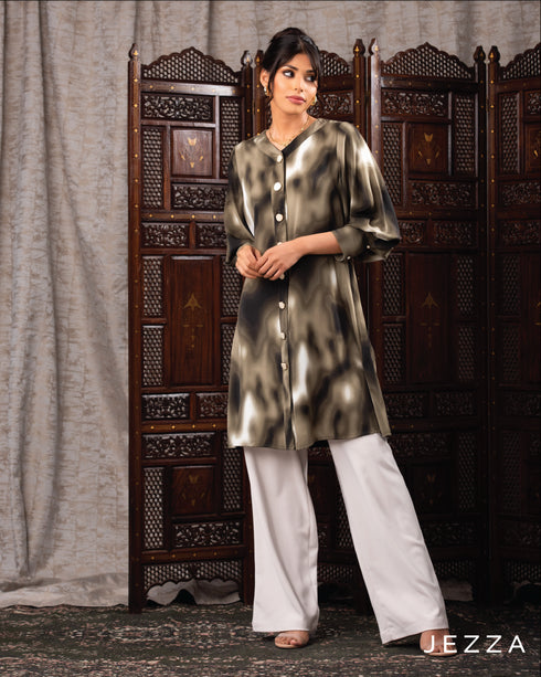 V-Neck Button Detail Knee-Length Top 62042